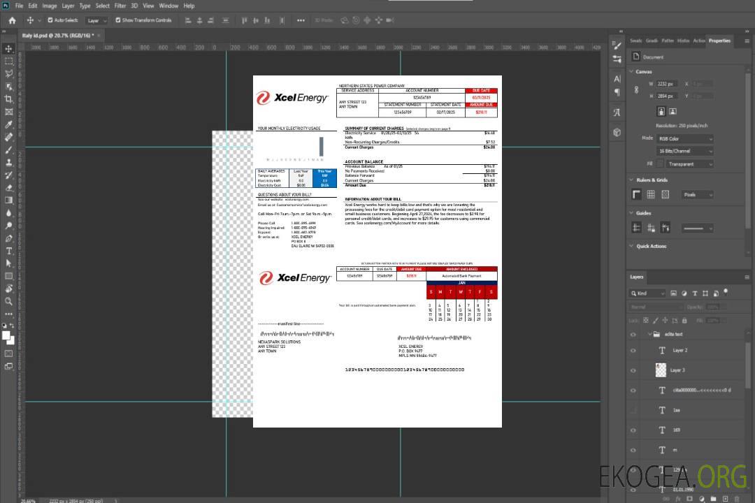 Modèle Word et PDF de facture de services publics des entreprises USA Xcel Energy template Modèle Word et PDF de facture de services publics des entreprises USA Xcel Energy template